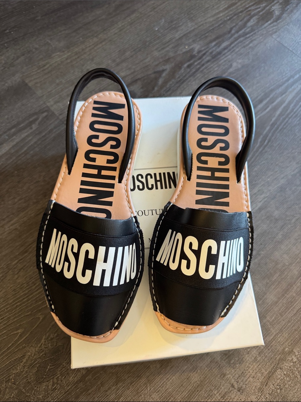 Moschino Black and Tan Logo Slingback Sandals - Women's